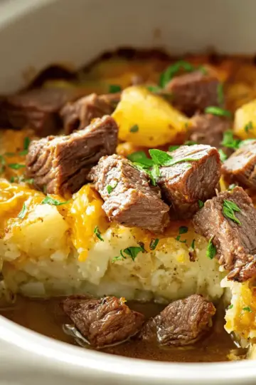 Slow Cooker Steak and Cheddar Potato Casserole