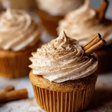 Vanilla Chai Pumpkin Latte Cupcakes with Cinnamon Brown Sugar Frosting.