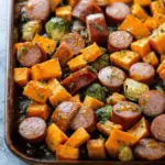 Sheet Pan Sausage and Sweet Potatoes with Honey Garlic Sauce