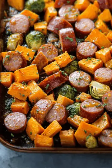 Sheet Pan Sausage and Sweet Potatoes with Honey Garlic Sauce