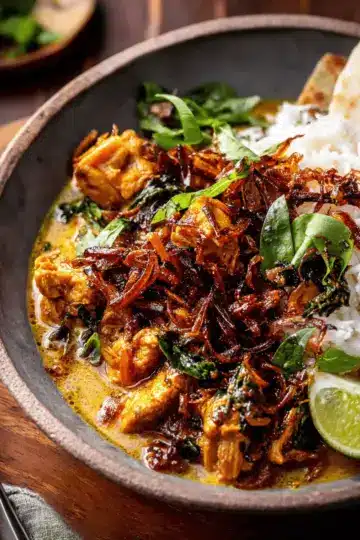 Crockpot Coconut Chicken Curry with Crispy Shallot Basil Oil