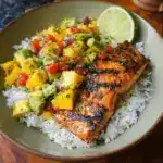 Grilled Lime Salmon with Avocado-Mango Salsa and Coconut Rice