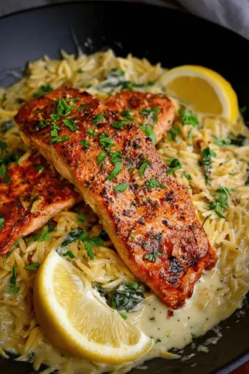 Pan-Fried Salmon with Creamy Lemon Orzo