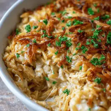 French Onion Chicken Orzo Casserole