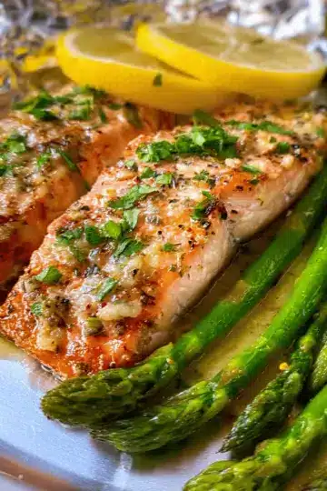 Foil Baked Salmon With Asparagus in a Lemon Butter Sauce