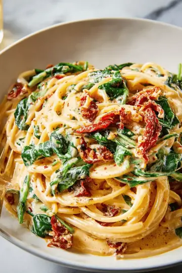 Spaghetti & Spinach with Sun-Dried Tomato Cream Sauce