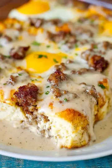 Biscuits and Gravy Casserole with Sausage and Eggs