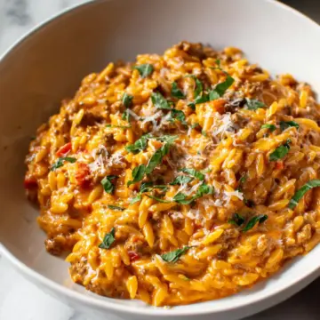 Ground Beef Orzo with Tomato Cream Sauce