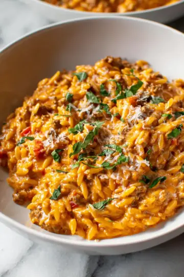Ground Beef Orzo with Tomato Cream Sauce