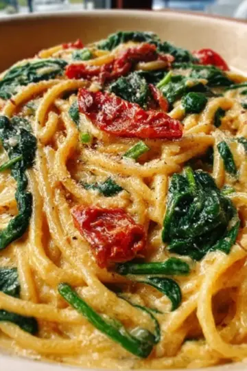 Spaghetti & Spinach with Sun-Dried Tomato Cream Sauce