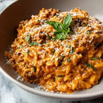 Ground Beef Orzo with Tomato Cream Sauce