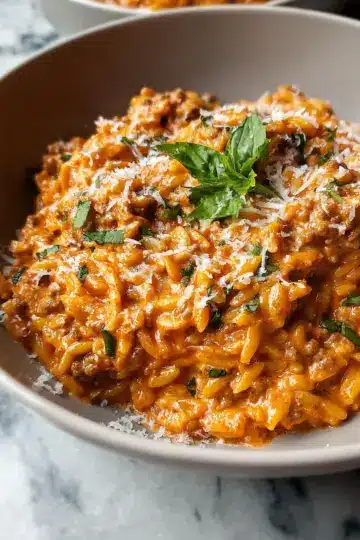 Ground Beef Orzo with Tomato Cream Sauce
