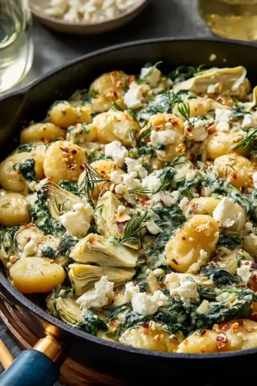 Spinach-Artichoke Gnocchi Skillet with Feta