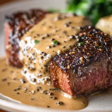 Steak with Creamy Peppercorn Sauce