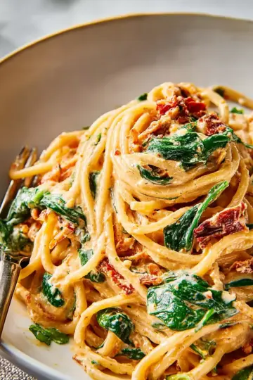 Spaghetti & Spinach with Sun-Dried Tomato Cream Sauce