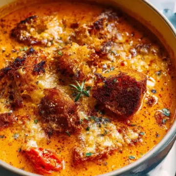 Roasted Tomato Soup with Cheesy Crouton Topper