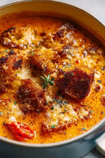 Roasted Tomato Soup with Cheesy Crouton Topper