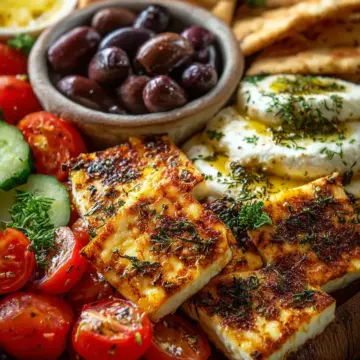 Greek Appetizer Board with Hot Honey Halloumi & Pita Chips