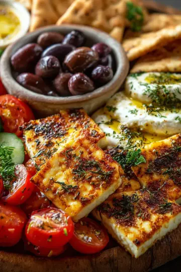 Greek Appetizer Board with Hot Honey Halloumi & Pita Chips